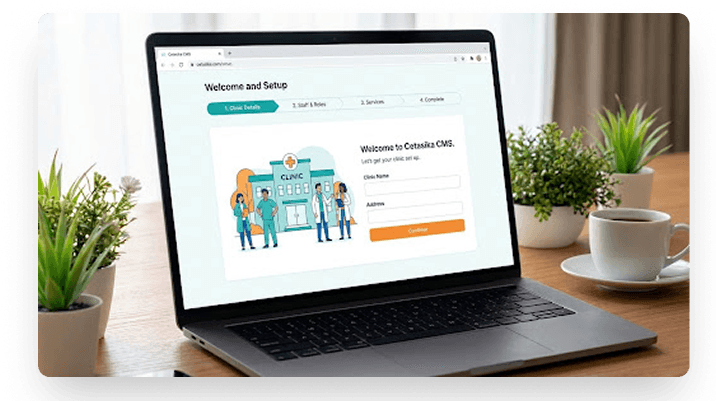 Cetasika CMS clinic setup screen on a laptop